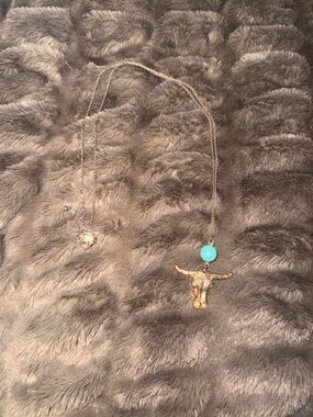 Gold Long Necklace with Turquoise Stone and Bull Skull Pendant